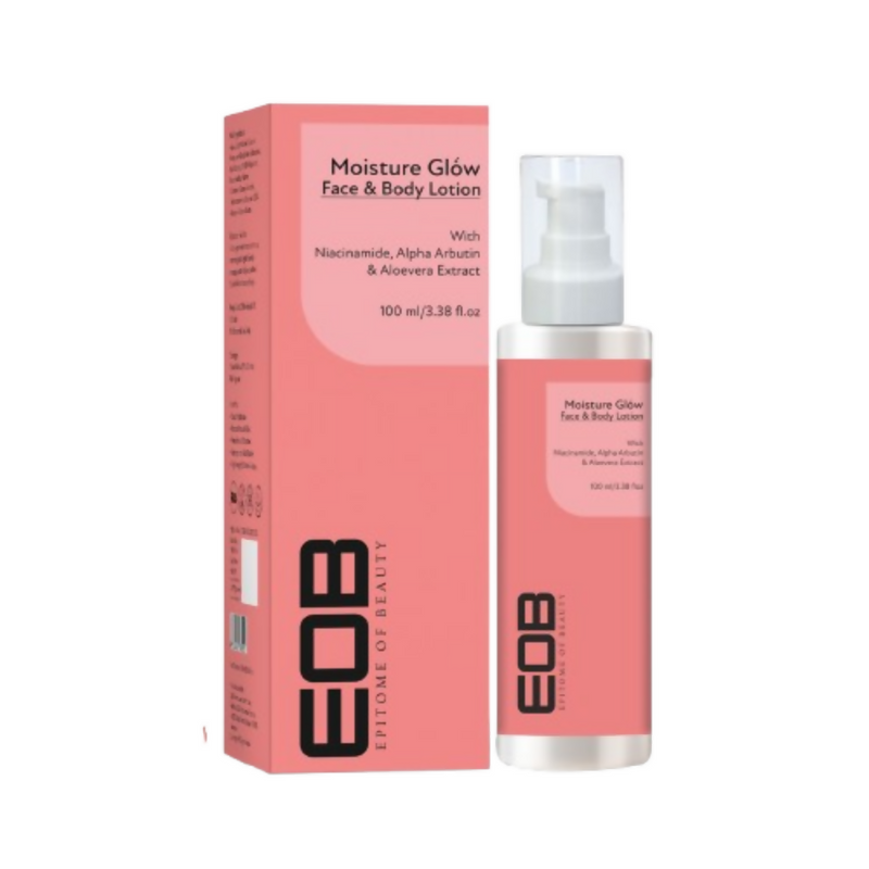 EOB Moisture Glow Face & Body Lotion packaging and bottle on a white background