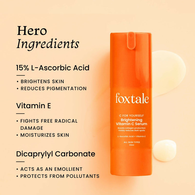 Foxtale Brightening 15% Vitamin C Face Serum With L-Ascorbic Acid And Vitamin E For Glowing Skin For Dark Spots