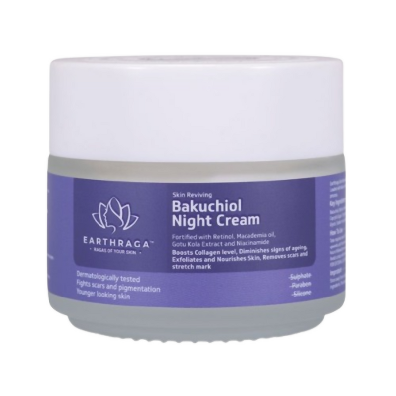 Earththraaga Bakuchiol Night Cream jar on a white background