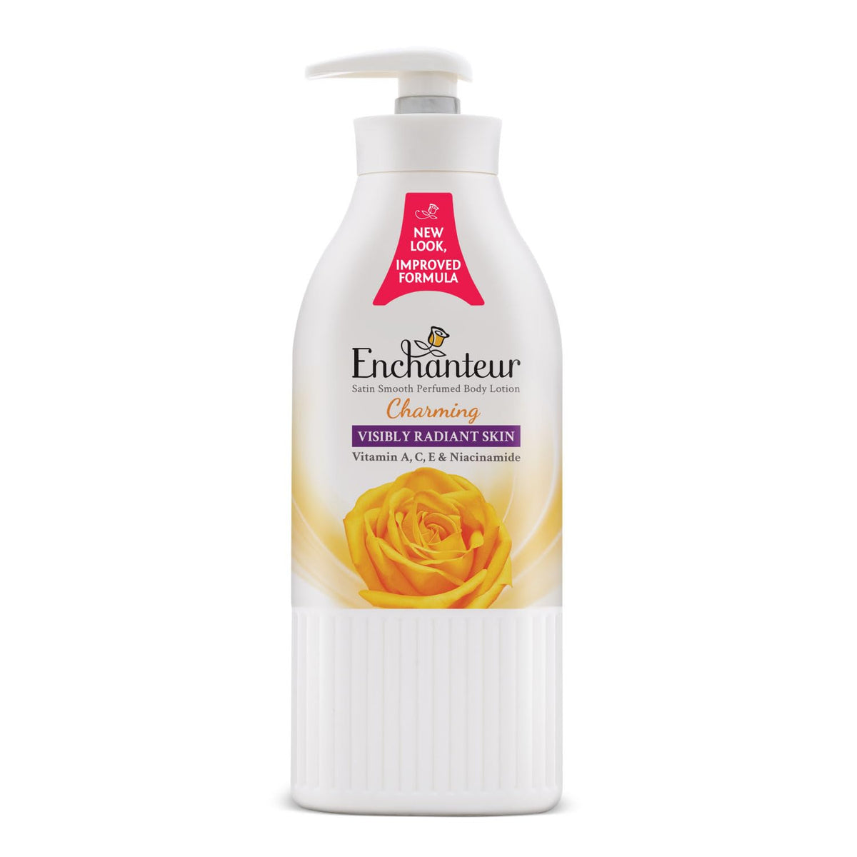 Enchanteur body lotion bottle with a rose design on a white background