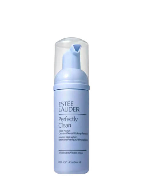 Estee Lauder Perfectly Clean Triple Action Cleanser Mini in a blue pump bottle.