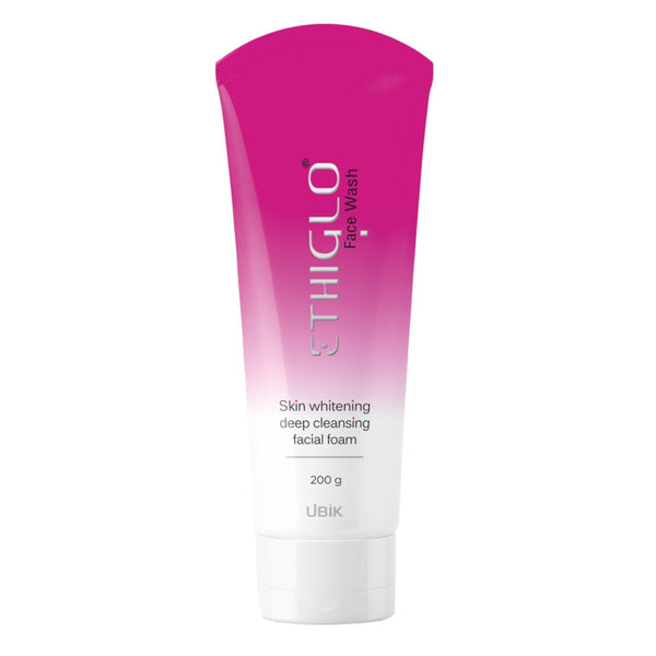 A tube of Ethiglo Skin Whitening Deep Cleansing Facial Foam, 200g size, with pink and white color scheme.