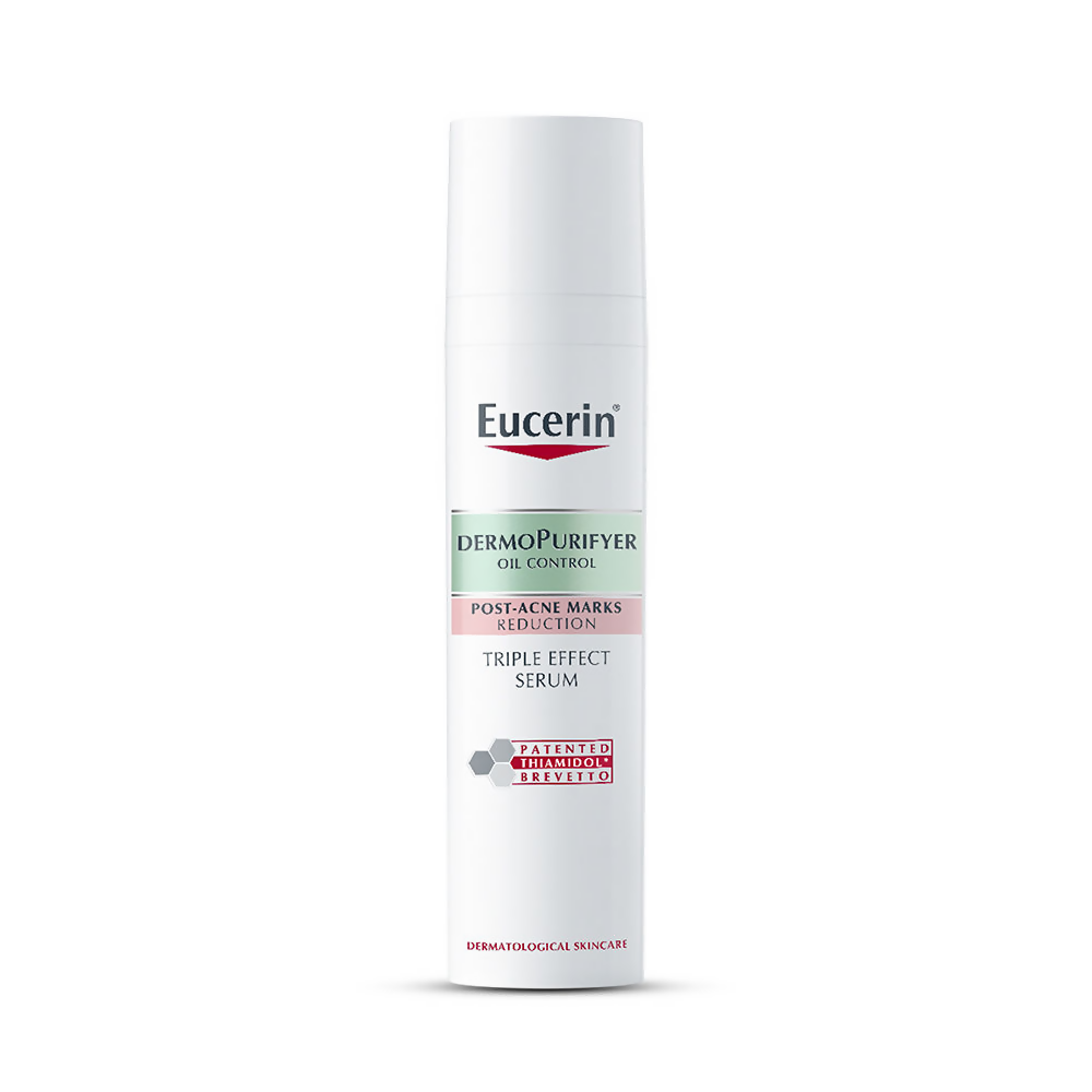 Eucerin DermoPurifyer serum bottle on a white background