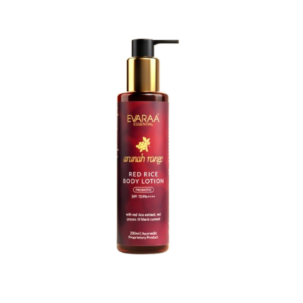 Red rice body lotion bottle with pump on a white background
