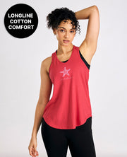 Woman wearing a red tank top with a logo on a white background, with text 'Longline Cotton Comfort' in a black circle.