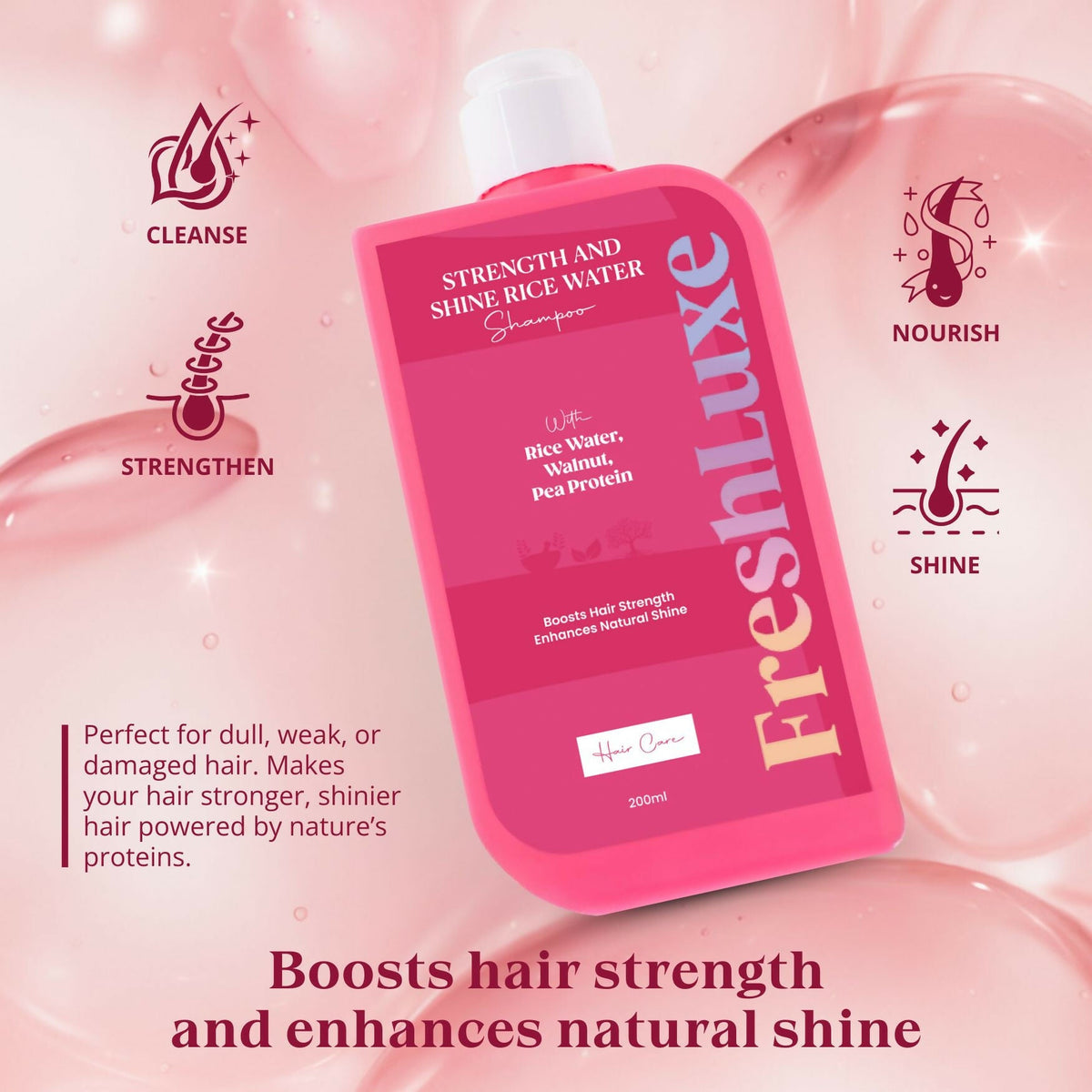 FreshLuxe Strength & Shine Shampoo Rice Water, Walnut Oil & Pea Protein For Damaged Hair & Reduce Split Ends