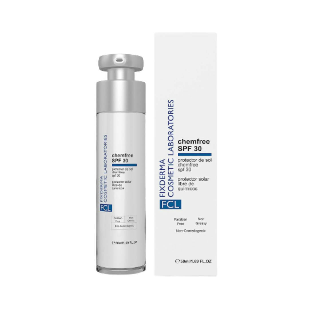 Fixderma cosmetic laboratory chemfree SPF 30 sunscreen bottle and packaging on a white background