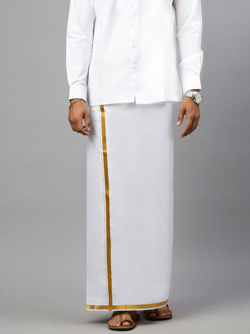 Men White Full Sleeves Shirt with 3/4'' inch Gold Jari Border Double Layer Dhoti & Towel Combo
