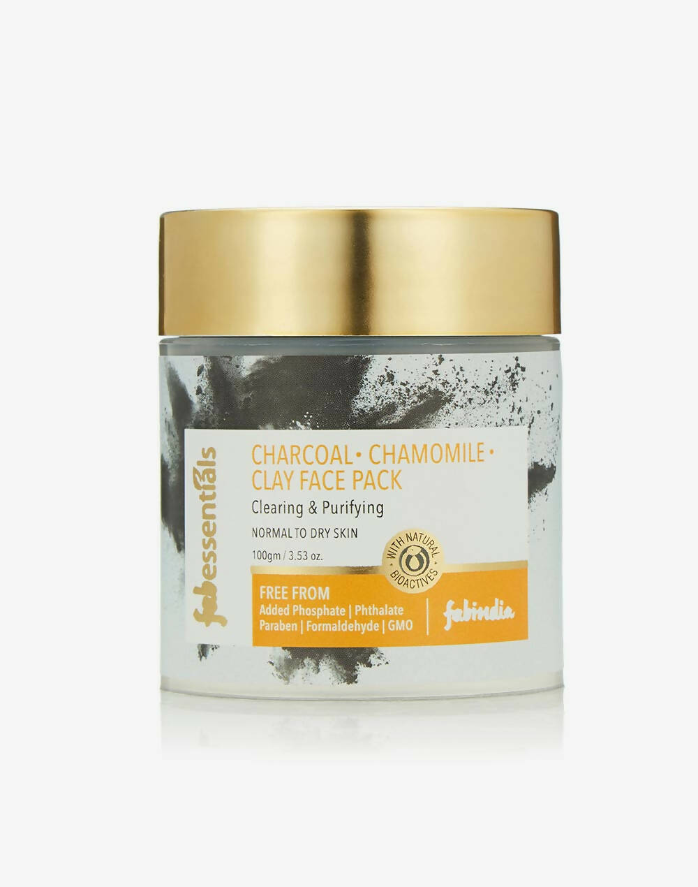 Jar of Charcoal Chamomile Clay Face Pack with gold lid on a white background