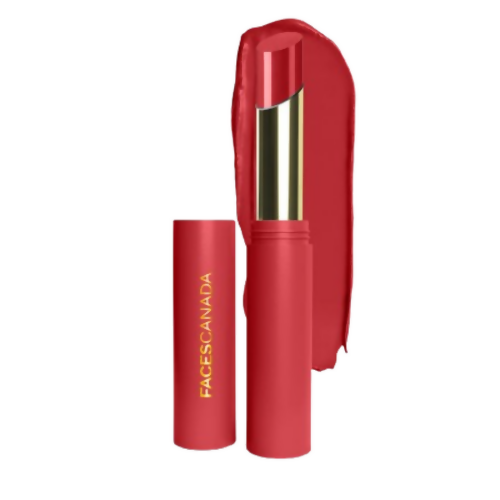 Red lipstick with gold accents on a white background, featuring the brand 'Faces Canada'.