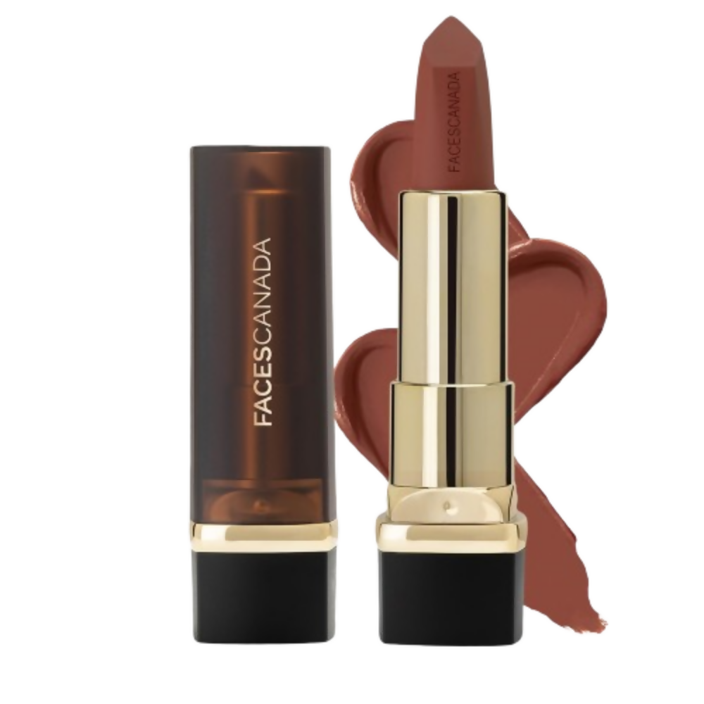 Lipstick with gold cap and black casing on a white background, featuring the Facescanada brand.