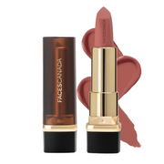Lipstick with gold cap and black base, open to show shade, on a white background with 'FACESCANADA' branding.