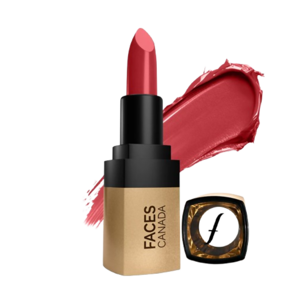 Red lipstick with black cap and gold base, featuring 'Faces Canada' branding, on a white background.