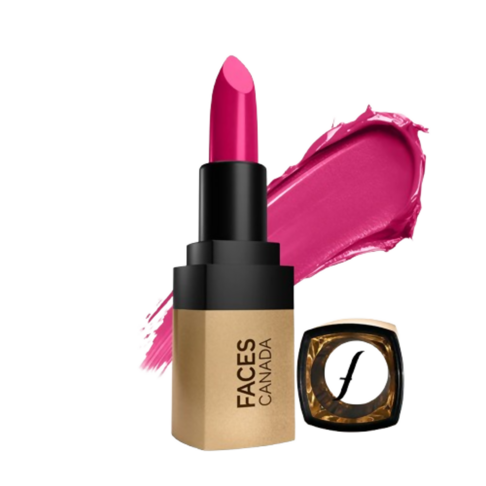 Pink lipstick with black cap and gold body, featuring 'Faces Canada' branding, on a white background.