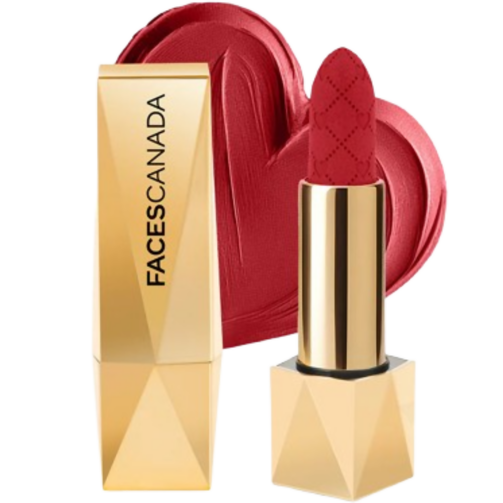 Red lipstick with gold cap and Faces Canada branding on a white background