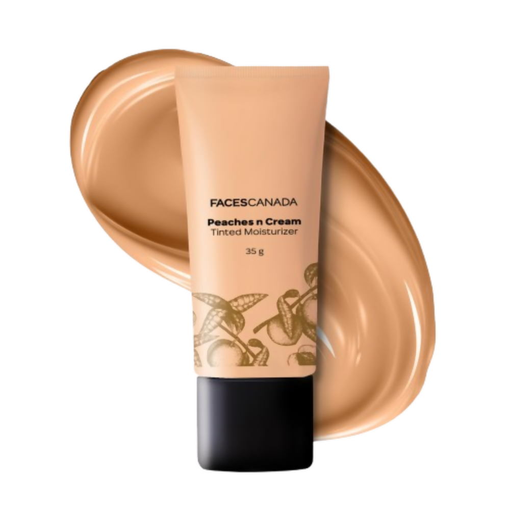 Tube of Faces Canada Peaches n Cream Tinted Moisturizer with a swatch on a white background