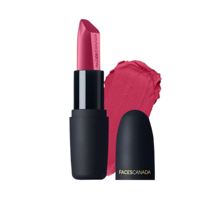 Pink lipstick with black casing and Facescanada branding on a white background