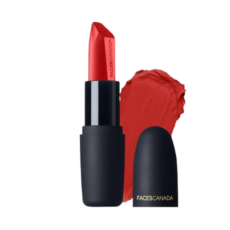 Red lipstick with black casing and Facescanada branding, accompanied by a swatch of red color on a white background.