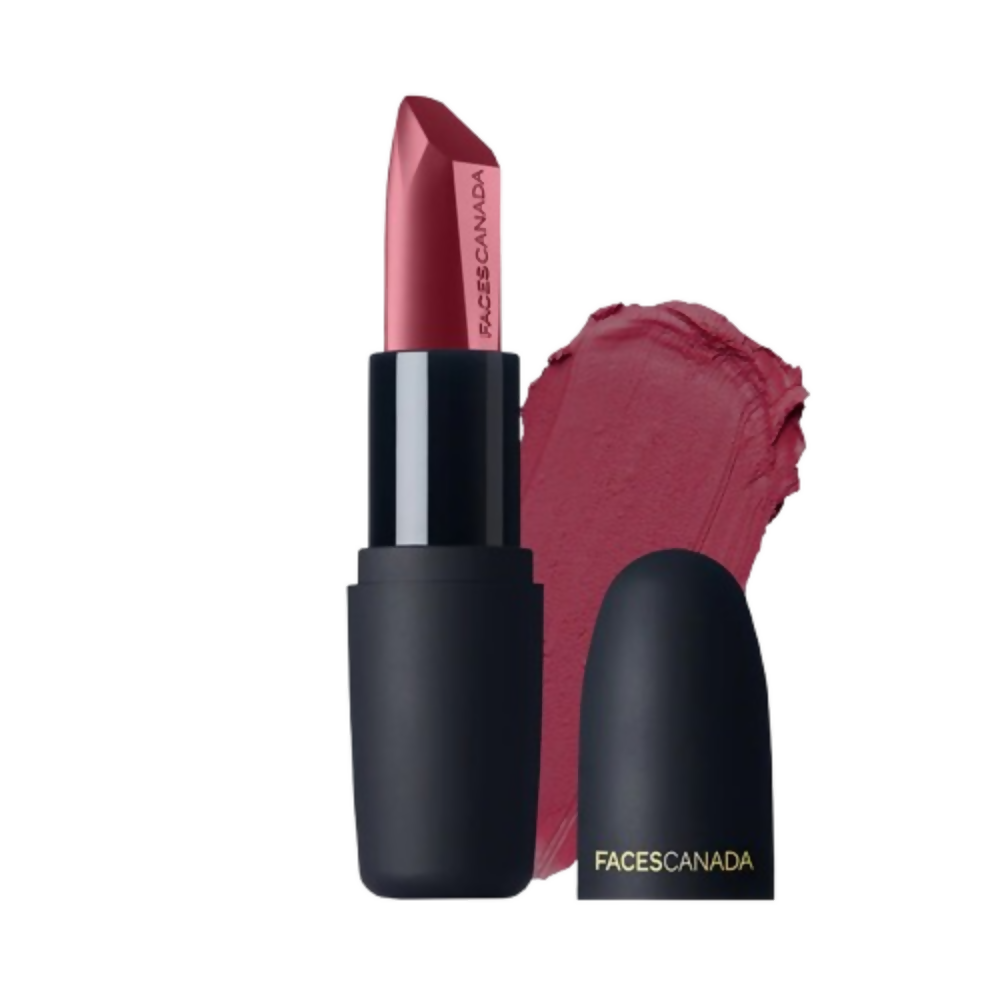 Lipstick with black casing and swatch on a white background, featuring Faces Canada branding.