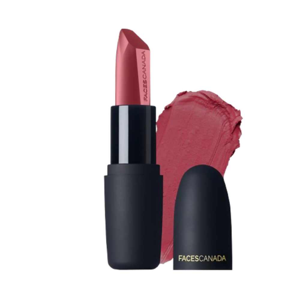 Lipstick with black casing and Facescanada branding, accompanied by a swatch of pink color on a white background.