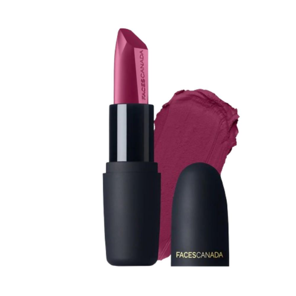 Lipstick with black casing and swatch on a white background, featuring Faces Canada branding.