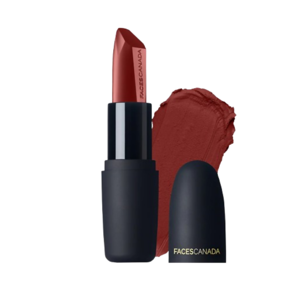Lipstick with black casing and swatch on a white background, featuring the Faces Canada brand.
