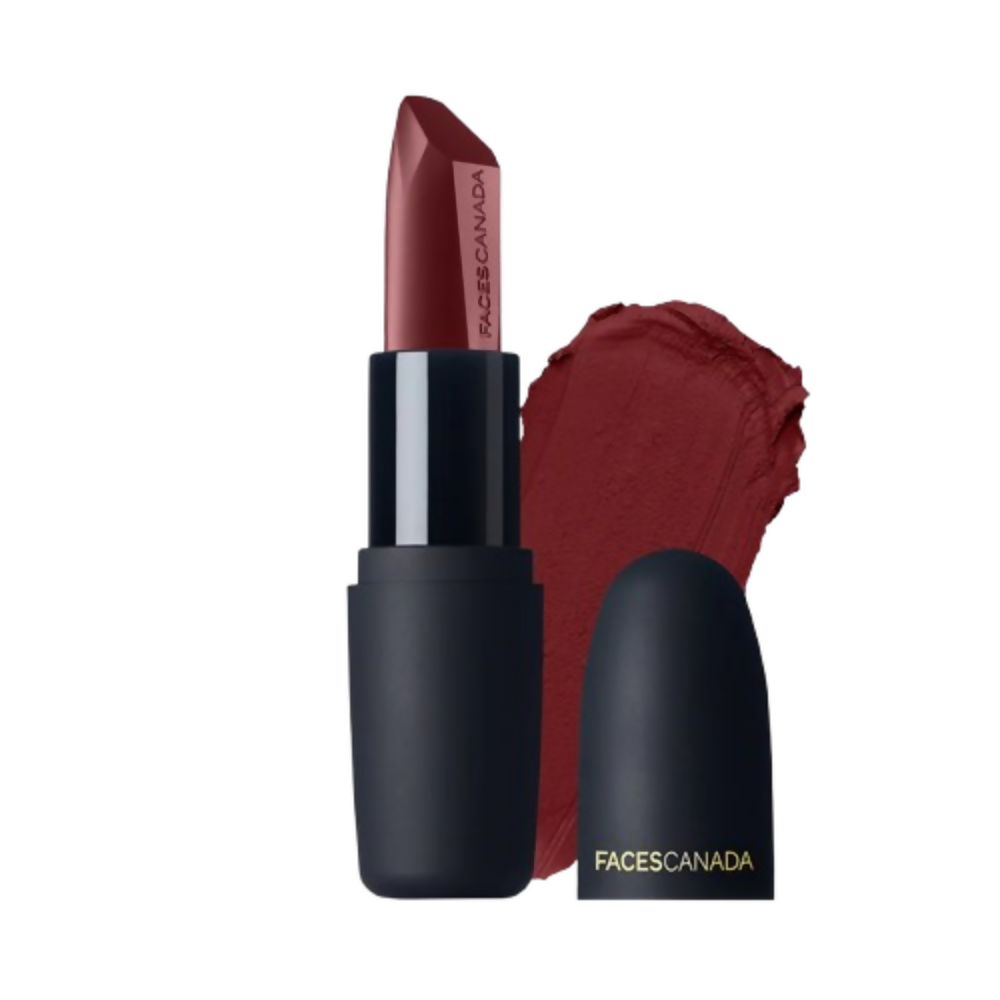 Lipstick with black casing and swatch on a white background, featuring the brand 'Faces Canada'.