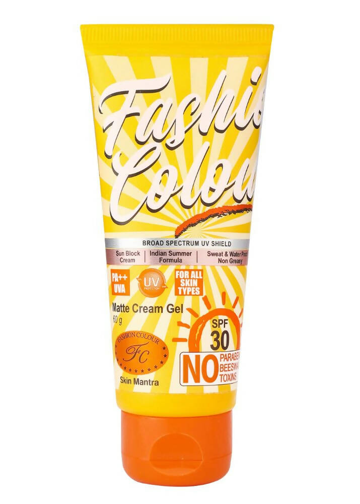 Tube of 'Fashion Colour' sunscreen cream gel with SPF 30 on a white background