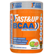 Orange and gray container of Fast&Up BCAA supplement with branding and product details.
