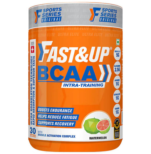 Orange and gray container of Fast&Up BCAA supplement with branding and product details.