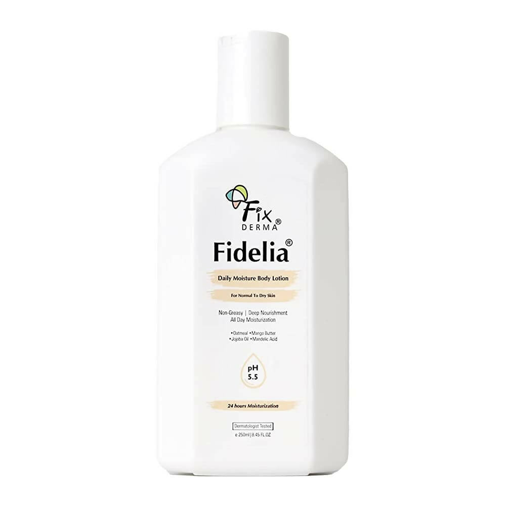 Fidelia body lotion bottle on a white background