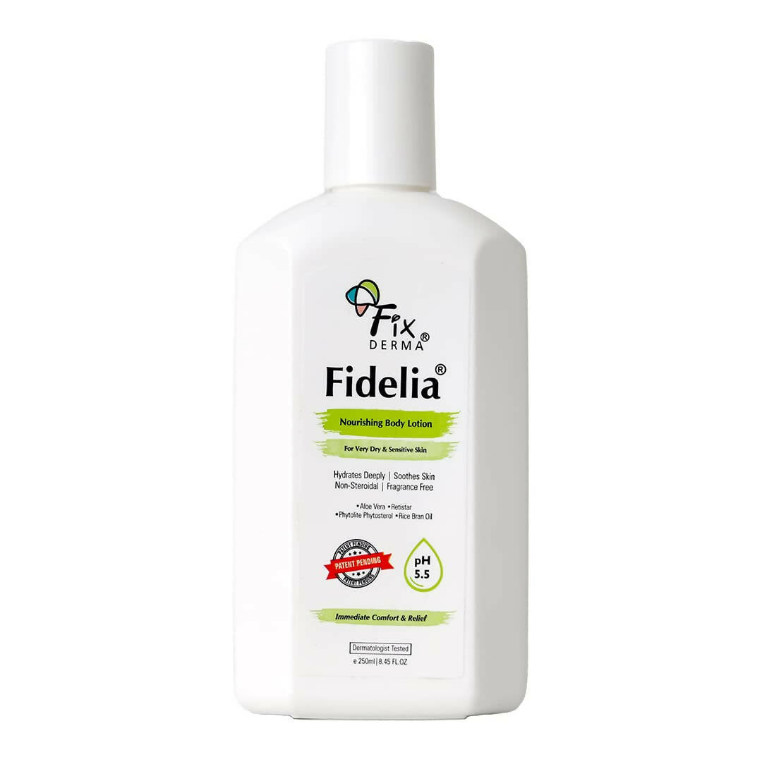 Fidelia body lotion bottle on a white background