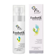 Foobetik Foot Scrub Spray bottle and packaging on a white background