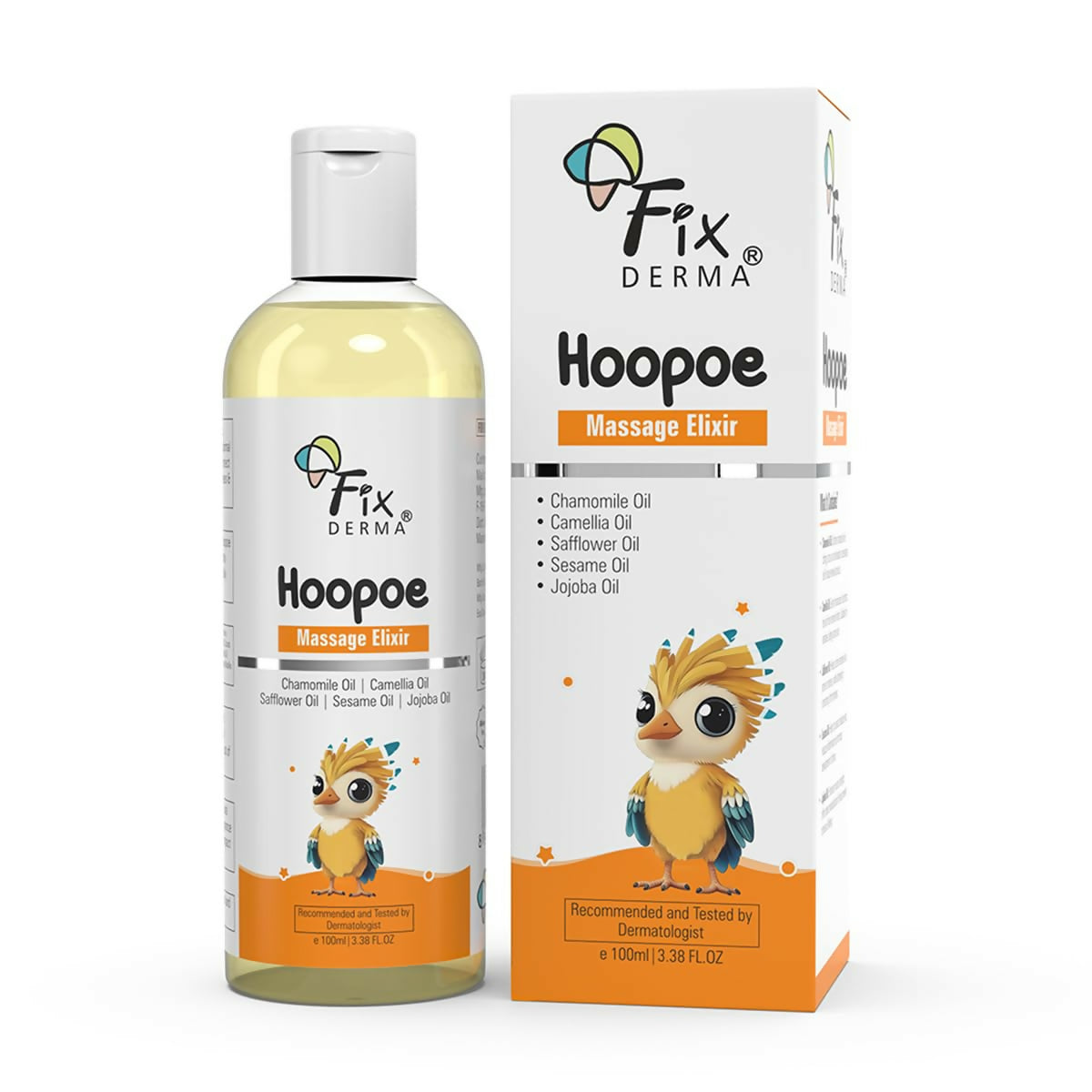 Fix Derma Hoopoe Massage Elixir bottle and packaging on a white background