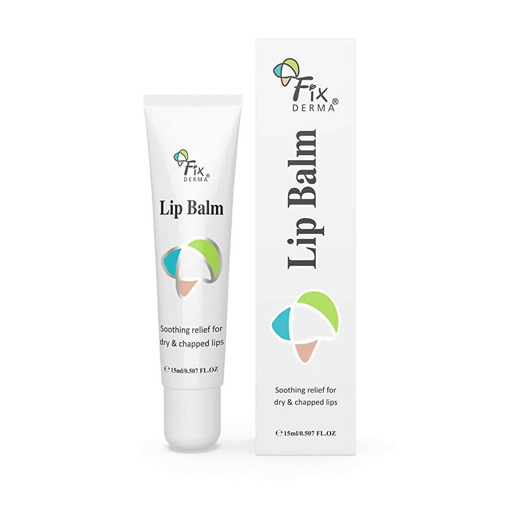 Lip balm tube and packaging with 'Fixderma' branding on a white background