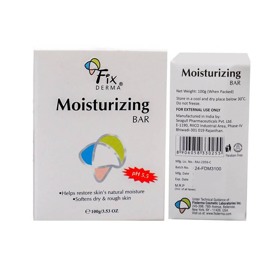 Packaging of Fix Derma moisturizing bar with branding and product details.