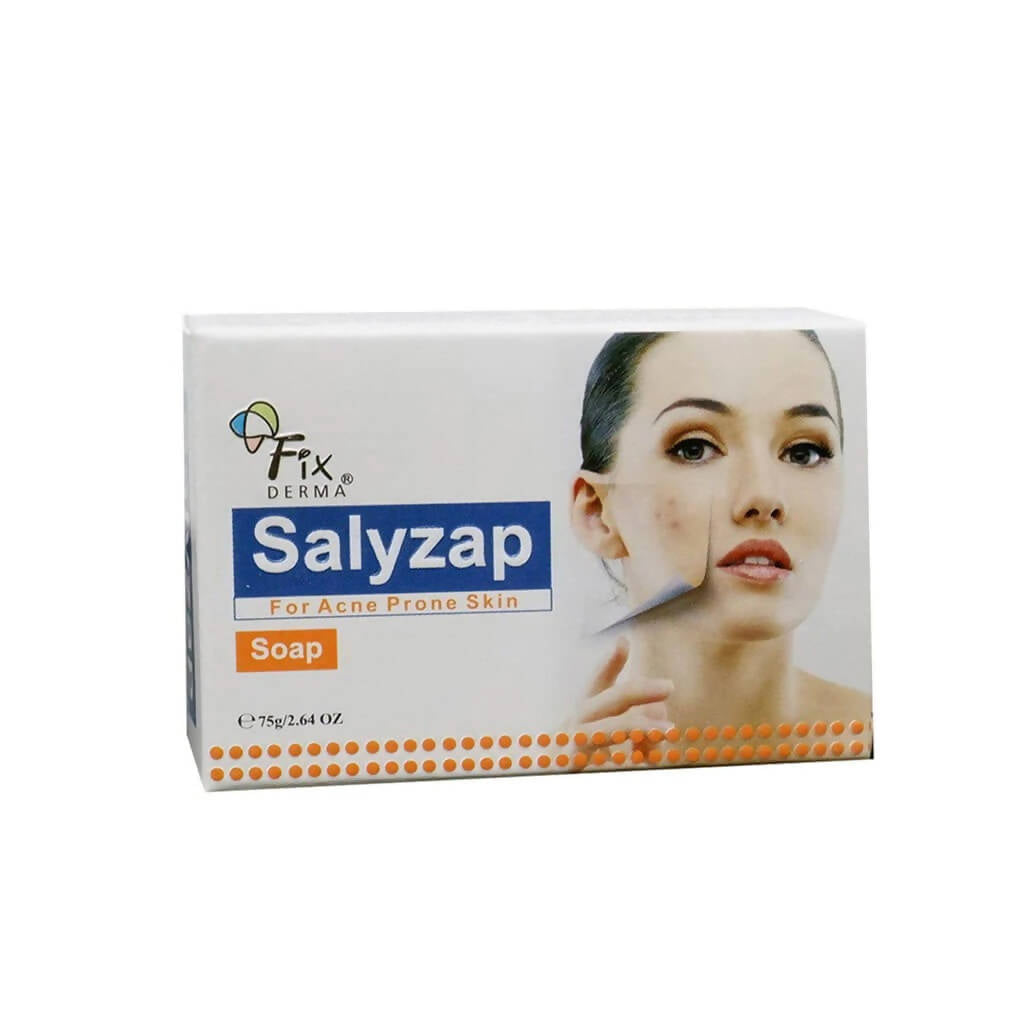 Box of Salyzap soap for acne-prone skin with a woman's face on the packaging.