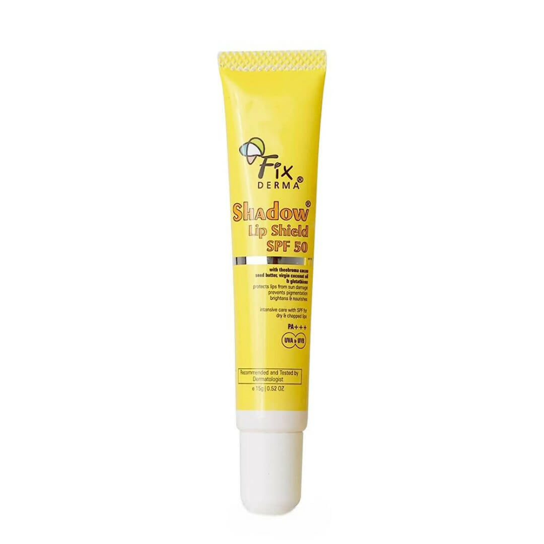 Yellow tube of Fixderma Shadow Lip Shield SPF 50 on a white background