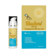Fixderma Shadow SPF 30 transparent silicone gel with packaging on a white background