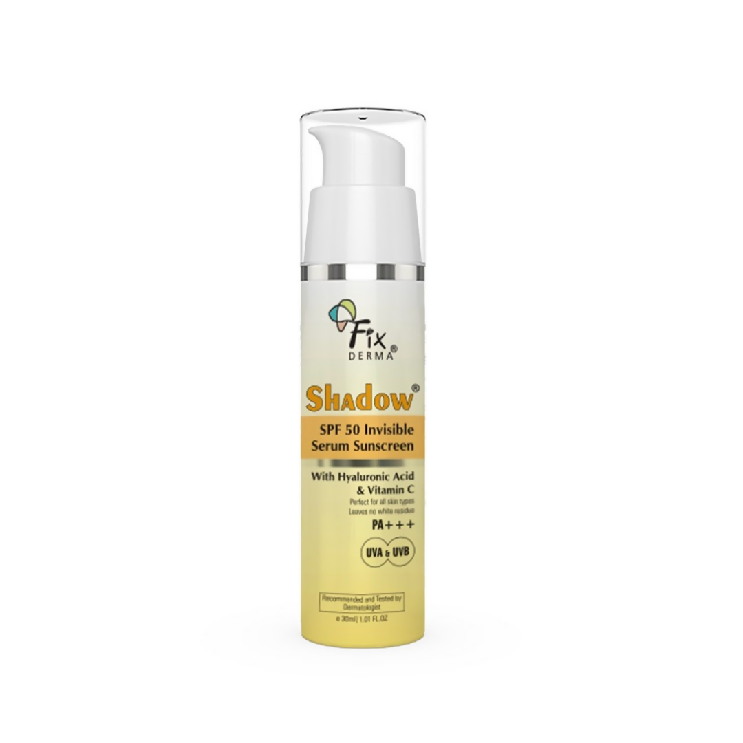 Sunscreen serum bottle with white cap and yellow label on a white background