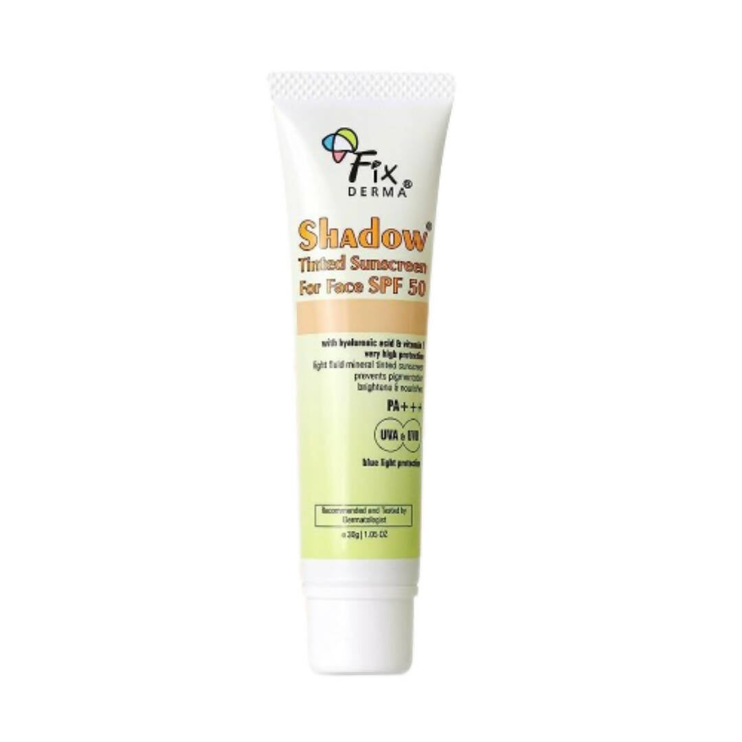 Tube of Fixderma Shadow Tinted Sunscreen for Face SPF 50 on a white background