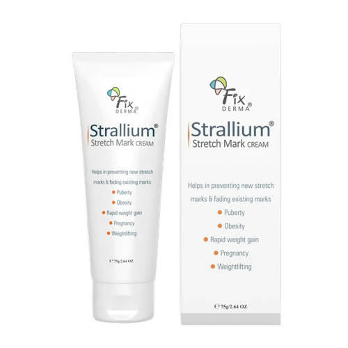 Strallium stretch mark cream with packaging on a white background