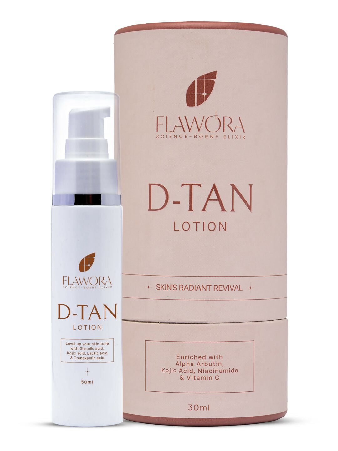 Flawóra D-Tan lotion bottle and packaging on a white background