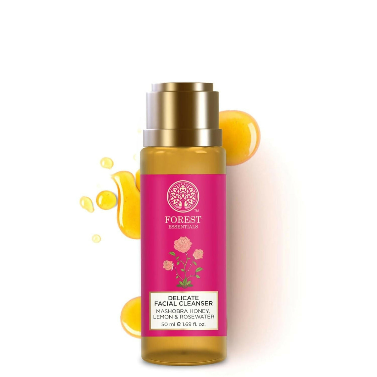 Facial cleanser bottle with pink label on a white background