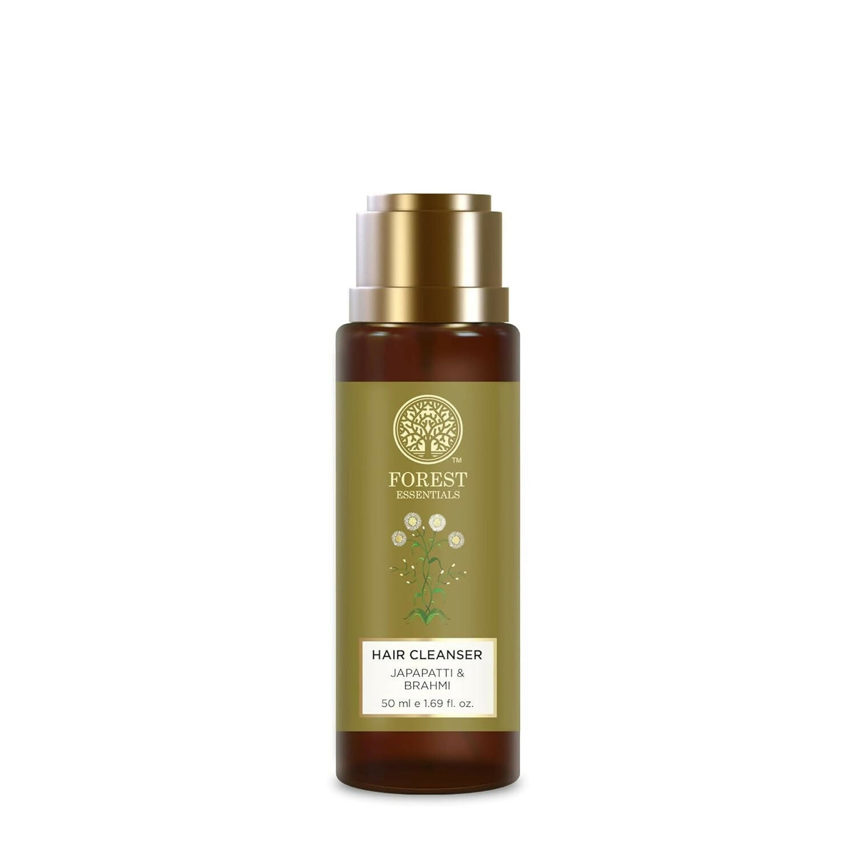 Hair cleanser bottle with gold cap on a white background