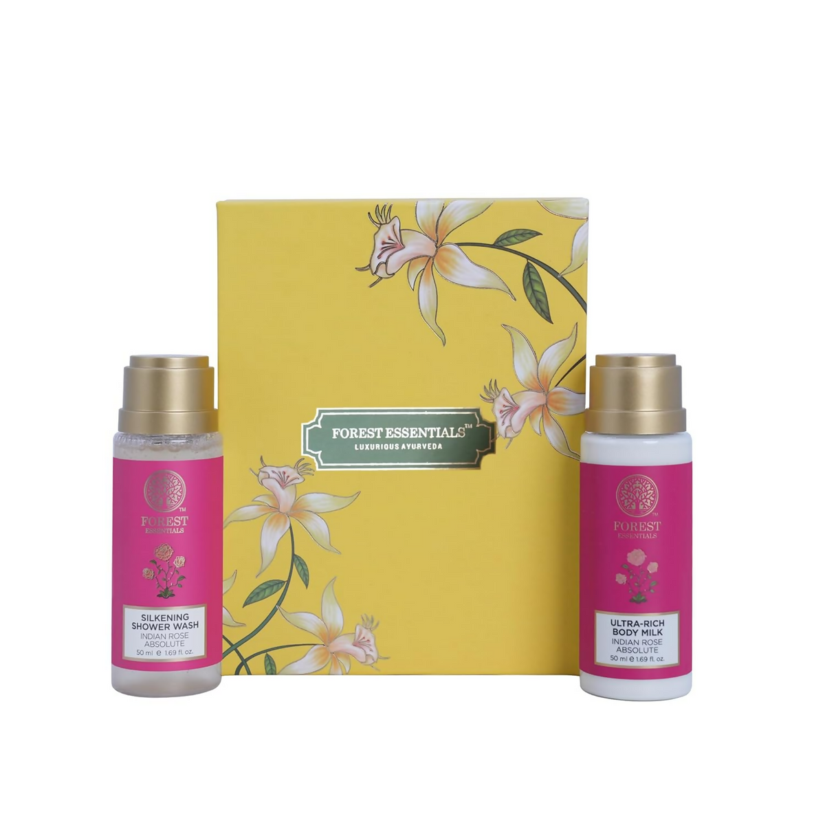 Two bottles of Forest Essentials skincare products with a decorative box in the background.