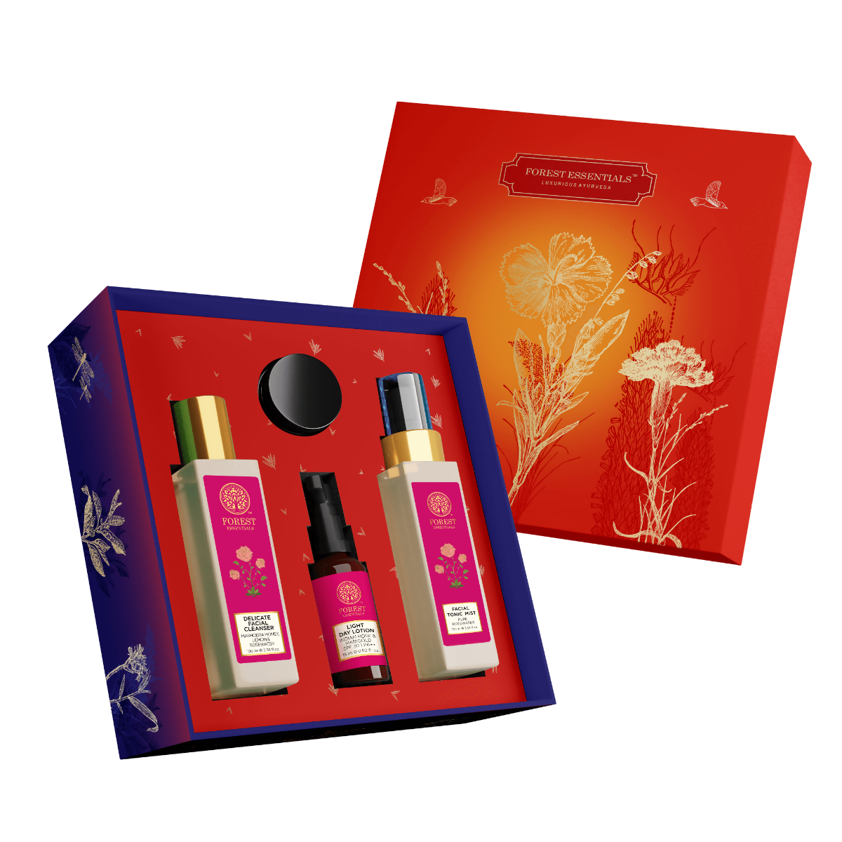 A gift box from Forest Essentials featuring a collection of skincare products with a theme of Indian Rose, including a facial cleanser, facial tonic mist, facial gel, and a light day lotion.