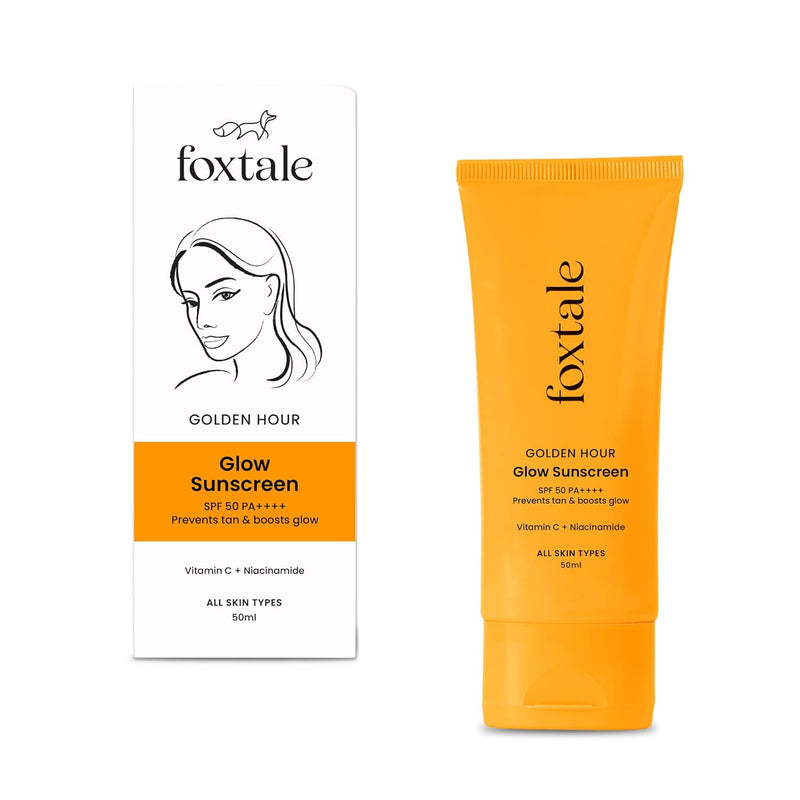 Foxtale Golden Hour Glow Sunscreen packaging and tube on a white background