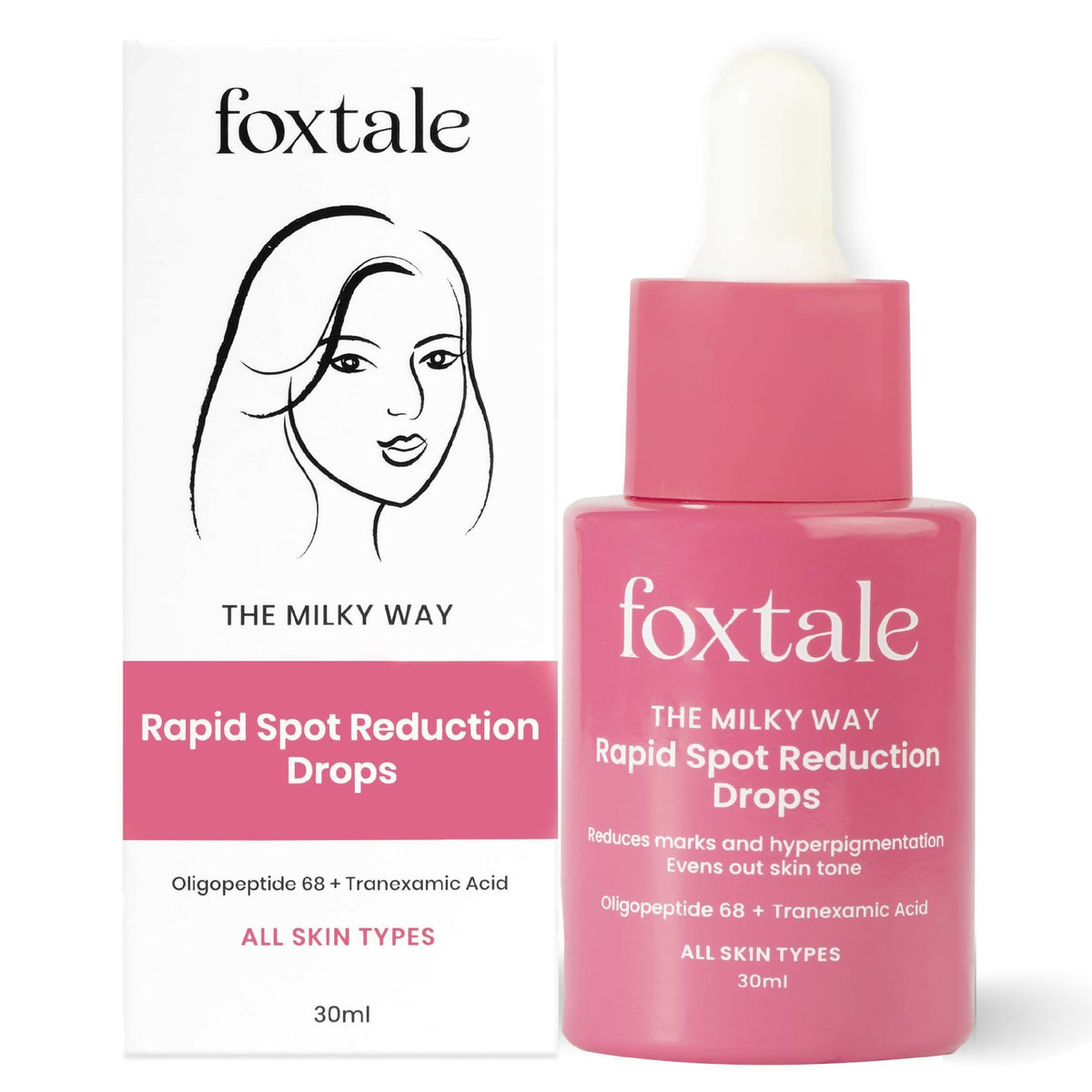 Pink bottle and packaging of foxtale The Milky Way Rapid Spot Reduction Drops on a white background