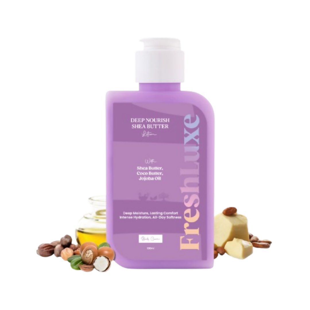 Purple bottle of FreshLuxe Deep Nourish Shea Butter on a white background with ingredients displayed.